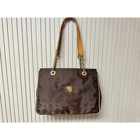 MCM Visetos Nylon Leather Logo Shoulder Tote Bag Brown Large Chain Straps - Picture 2 of 16